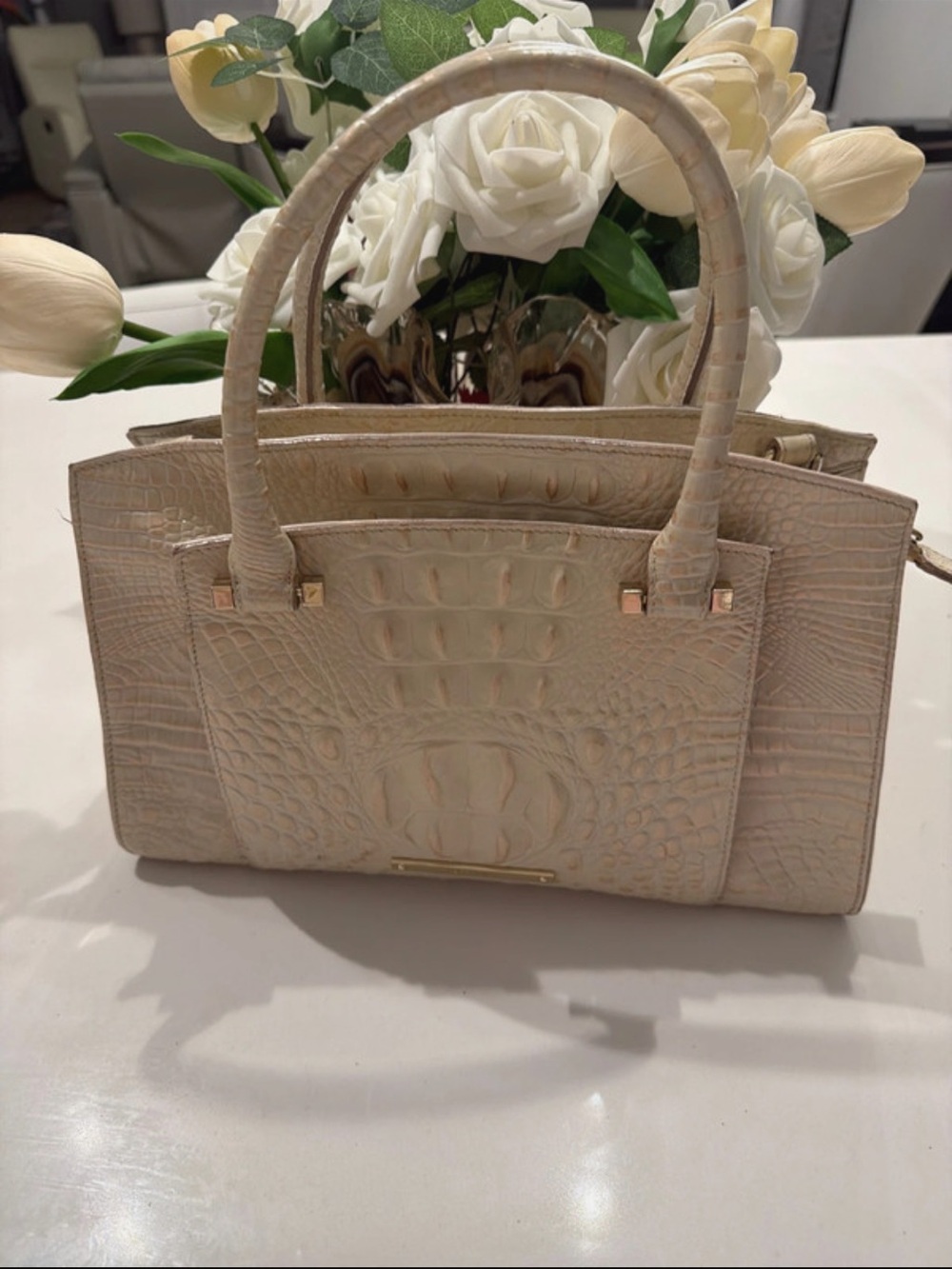 Brahmin Cream Croc-Embossed Tote Bag - Elegant Everyday Carry